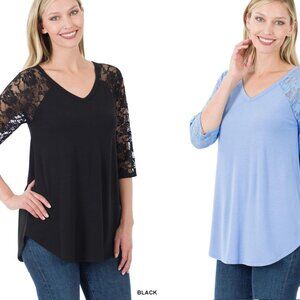 Zenana Women's V-Neck Lace 3/4 Sleeve Round Hem Blouse Top Tunic S-3X